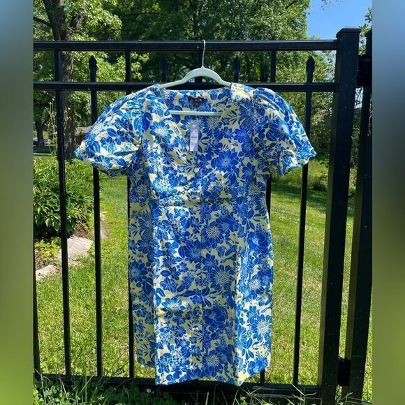 J Crew Button Front Puff Sleeve Blue Floral Twill Mini Dress NWT - Picture 8 of 9